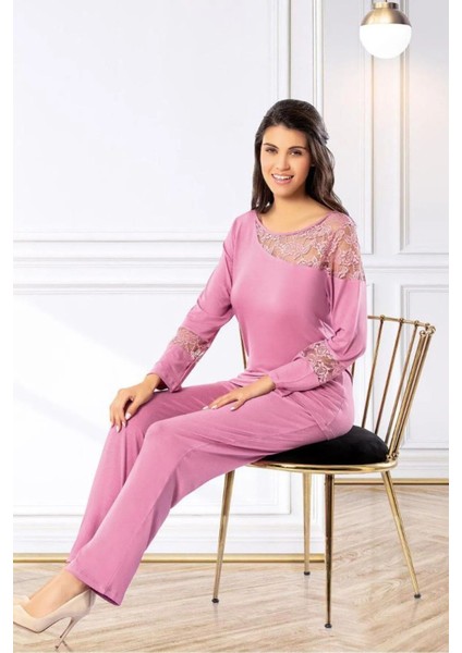 8617 Kadın Uzun Kollu Dantel Detaylı Pijama Takımı-Gülkurusu fiyatları
