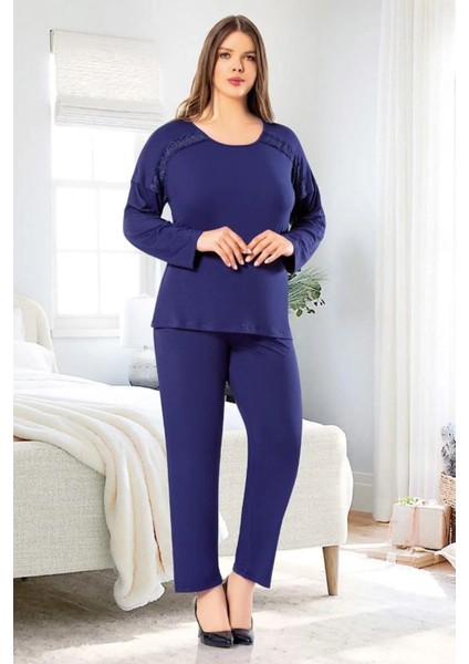 8809 Kadın Büyük Beden Uzun Kollu Dantel Detaylı Pijama Takım-Lacivert