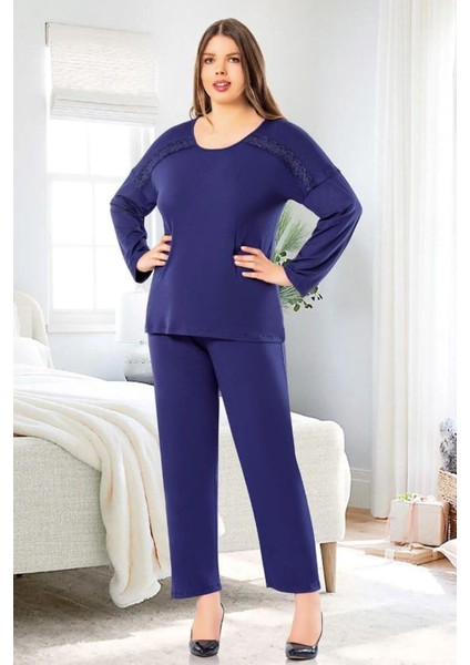 8809 Kadın Büyük Beden Uzun Kollu Dantel Detaylı Pijama Takım-Lacivert fiyatları