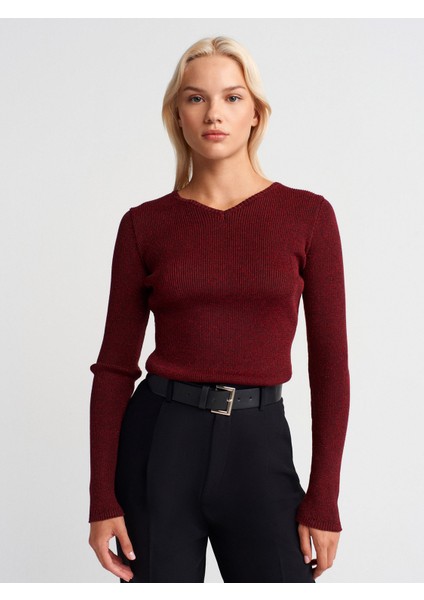 10803 V Yaka Simli Triko Kazak-Bordo