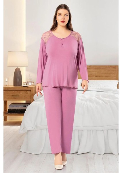 8804 Kadın Büyük Beden Uzun Kollu Dantel Detaylı Pijama Takım-Gülkurusu