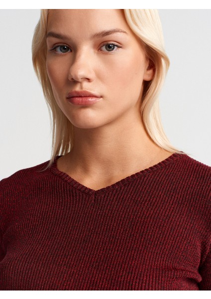 10803 V Yaka Simli Triko Kazak-Bordo modelleri