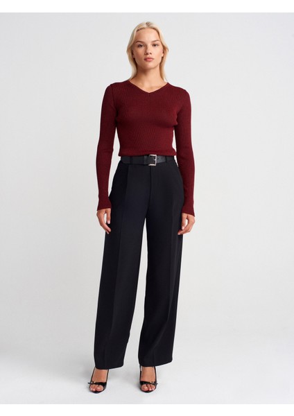 10803 V Yaka Simli Triko Kazak-Bordo fırsatları