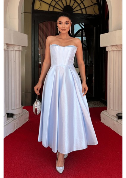 Tafta Saten Kumaş Straplez Midi Elbise - Bebe Mavisi