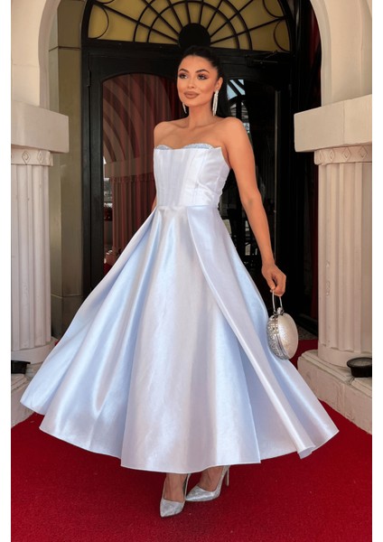 Tafta Saten Kumaş Straplez Midi Elbise - Bebe Mavisi fiyatları