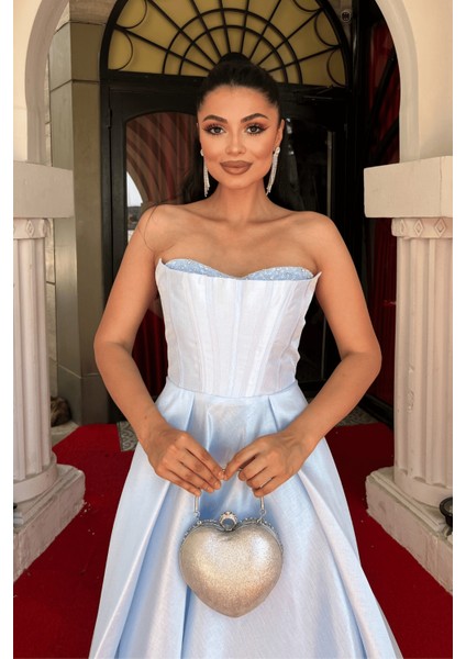 Tafta Saten Kumaş Straplez Midi Elbise - Bebe Mavisi modelleri