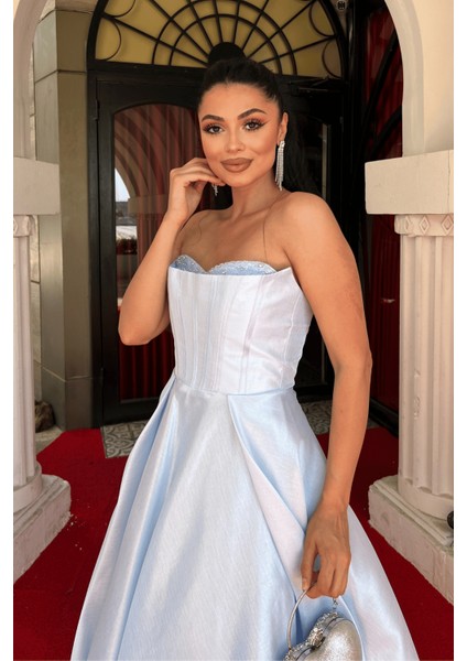 Tafta Saten Kumaş Straplez Midi Elbise - Bebe Mavisi fırsatları