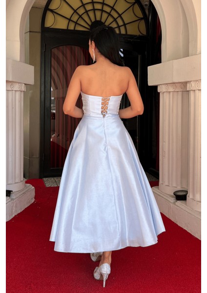 Tafta Saten Kumaş Straplez Midi Elbise - Bebe Mavisi indirimleri