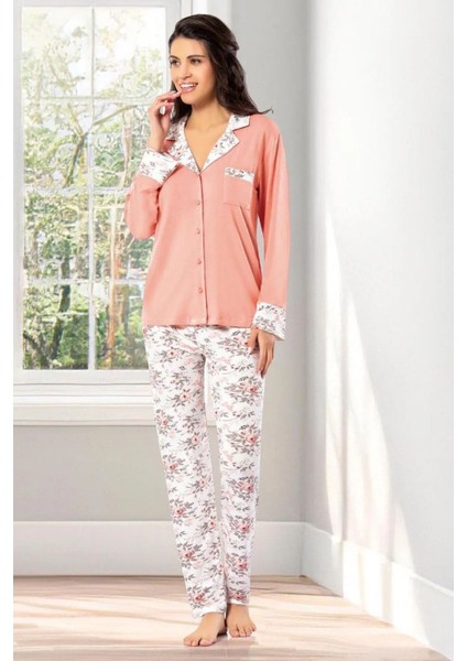 8605 Kadın Uzun Kollu Önden Düğmeli Pijama Takımı-Somon