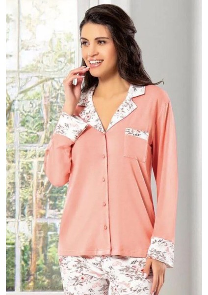 8605 Kadın Uzun Kollu Önden Düğmeli Pijama Takımı-Somon modelleri