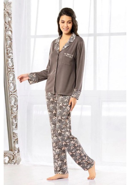 8603 Kadın Uzun Kollu Önden Düğmeli Pijama Takımı-Kahve fiyatları