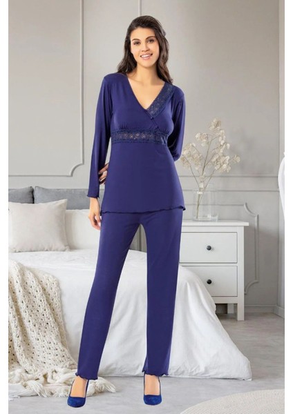 8613 Kadın Uzun Kollu Dantel Detaylı V Yaka Pijama Takımı-Lacivert