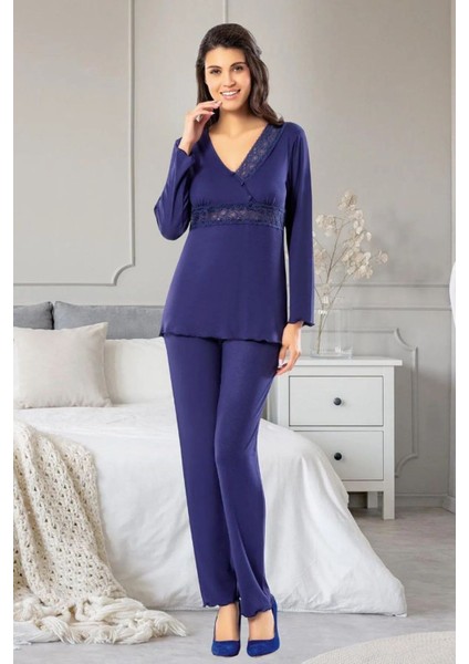 8613 Kadın Uzun Kollu Dantel Detaylı V Yaka Pijama Takımı-Lacivert fiyatları