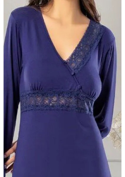 8613 Kadın Uzun Kollu Dantel Detaylı V Yaka Pijama Takımı-Lacivert fırsatları