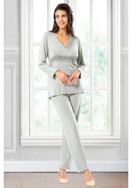 8614 Kadın Uzun Kollu Dantel Detaylı V Yaka Pijama Takımı-Gri