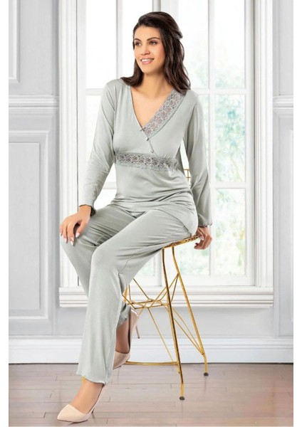8614 Kadın Uzun Kollu Dantel Detaylı V Yaka Pijama Takımı-Gri fiyatları