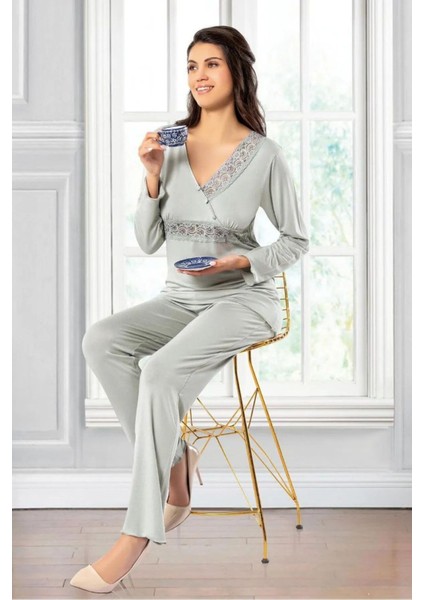 8614 Kadın Uzun Kollu Dantel Detaylı V Yaka Pijama Takımı-Gri modelleri