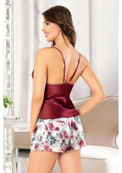 3122 Kadın Saten Ip Askılı Şortlu Pijama Takım-Bordo fiyatları