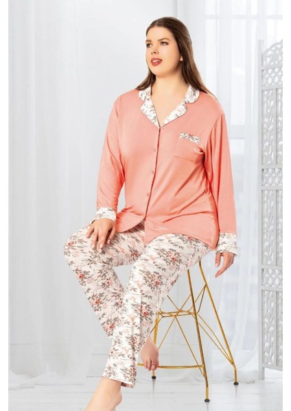 8803 Kadın Büyük Beden Uzun Kollu Önden Düğmeli Pijama Takım-Somon
