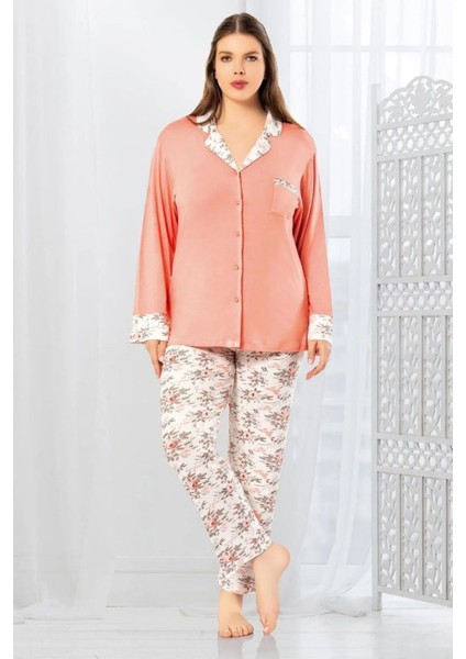 8803 Kadın Büyük Beden Uzun Kollu Önden Düğmeli Pijama Takım-Somon fiyatları
