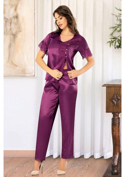 4111 Kadın Dantel Detaylı Saten Kısa Kollu Pijama Takım-Mor