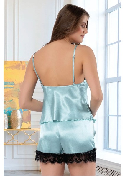 3102 Kadın Saten Degaje Yaka Ip Askılı Şortlu Pijama Takım-Mint modelleri
