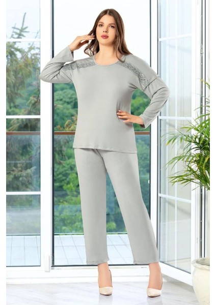 8810 Kadın Büyük Beden Uzun Kollu Dantel Detaylı Pijama Takım-Gri fiyatları