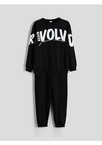 Lcw Kids Siyah Bisiklet Yaka Baskılı Erkek Çocuk Eşofman Takım