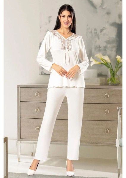 8611 Kadın Uzun Kollu Dantel Detaylı Pijama Takımı-Ekru