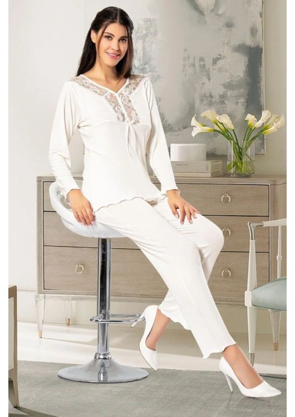 8611 Kadın Uzun Kollu Dantel Detaylı Pijama Takımı-Ekru fiyatları