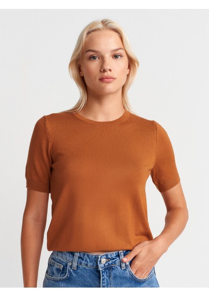 10779 Bisiklet Yaka Kısa Kol Basic Triko Bluz-Karamel