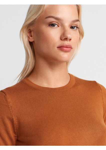 10779 Bisiklet Yaka Kısa Kol Basic Triko Bluz-Karamel modelleri