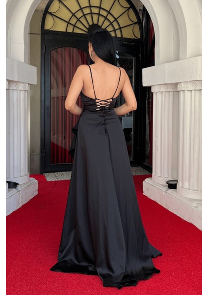 Saten Kumaş Sırtı Ipli Abiye Elbise - Siyah indirimleri