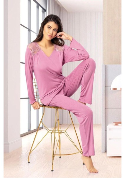 8610 Kadın Uzun Kollu Dantel Detaylı Pijama Takımı-Gülkurusu