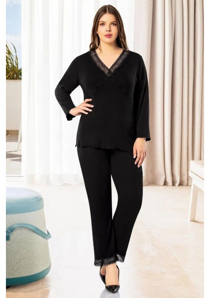 8813 Kadın Büyük Beden Uzun Kollu Dantel Detaylı V Yaka Pijama Takım-Siyah