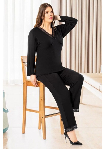 8813 Kadın Büyük Beden Uzun Kollu Dantel Detaylı V Yaka Pijama Takım-Siyah fiyatları