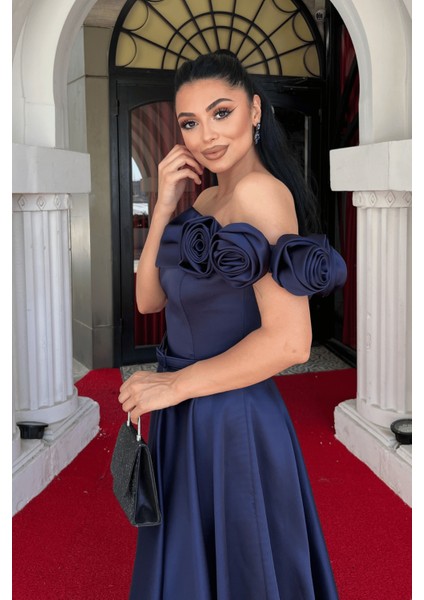 Saten Kumaş Gül Detaylı Midi Elbise - Lacivert modelleri