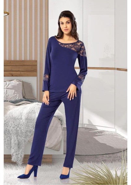8616 Kadın Uzun Kollu Dantel Detaylı Pijama Takımı-Lacivert