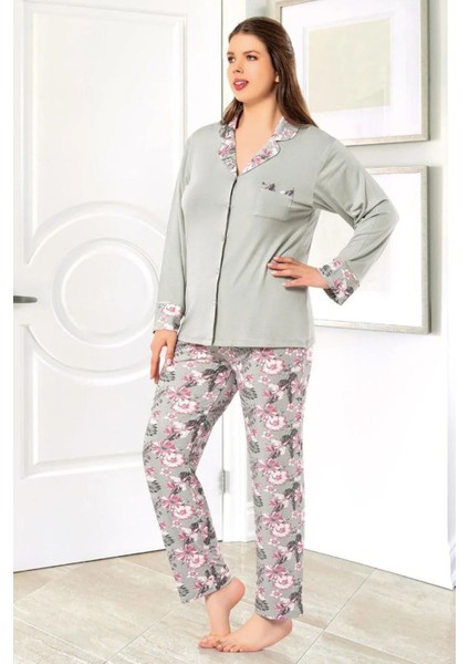 8802 Kadın Büyük Beden Uzun Kollu Önden Düğmeli Pijama Takım-Gri