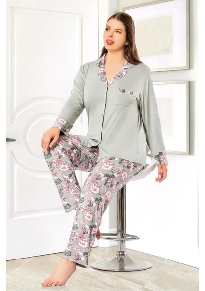 8802 Kadın Büyük Beden Uzun Kollu Önden Düğmeli Pijama Takım-Gri fiyatları
