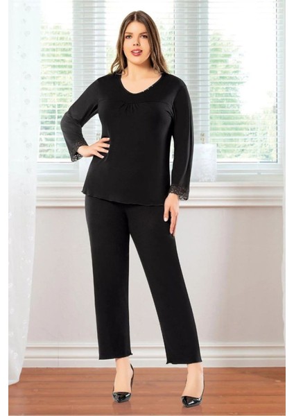 8808 Kadın Büyük Beden Uzun Kollu Pijama Takım-Siyah