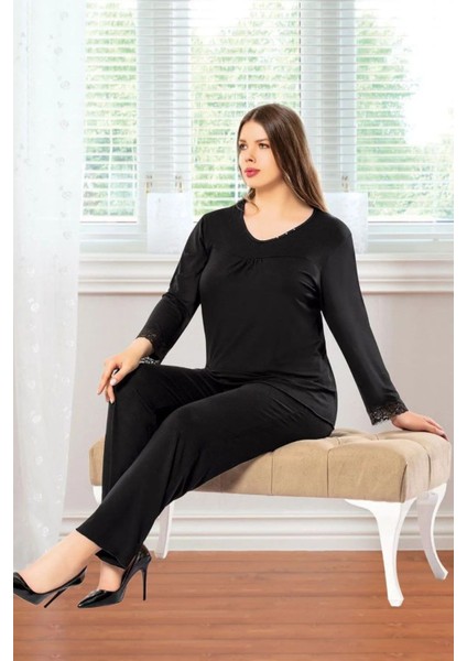 8808 Kadın Büyük Beden Uzun Kollu Pijama Takım-Siyah fiyatları