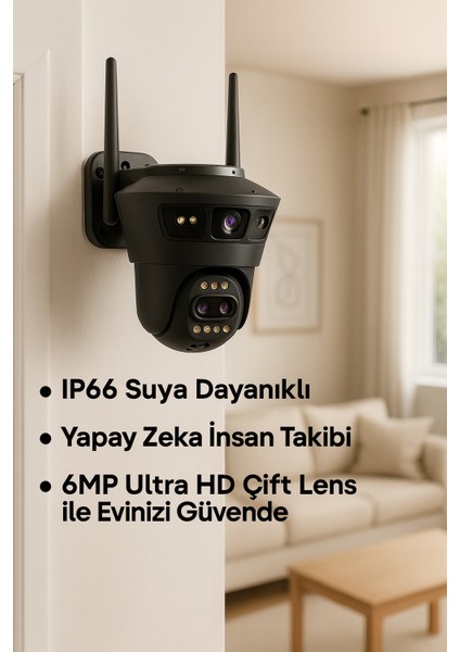 6mp Çift Lensli Güvenlik Kamerası – IP66 Suya Dayanıklı, Yapay Zeka Insan Takibi, Gece Görüş, 360° Dönebilen Wi-Fi Kamera fırsatları