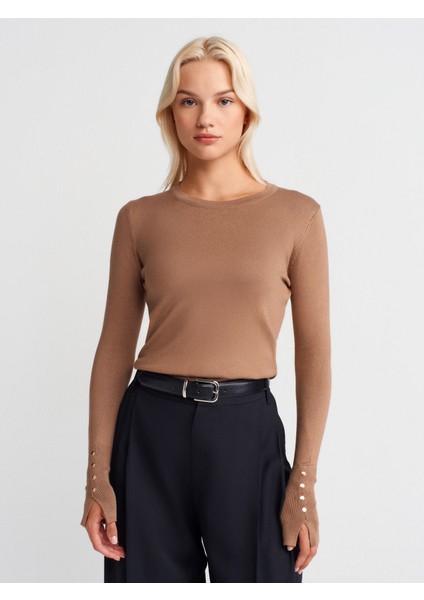 1267 Bisiklet Yaka Kol Ortası Droplu Kazak-Koyu Vizon