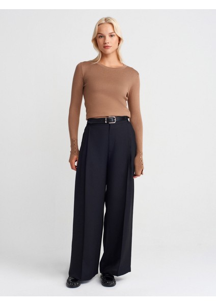 1267 Bisiklet Yaka Kol Ortası Droplu Kazak-Koyu Vizon fırsatları