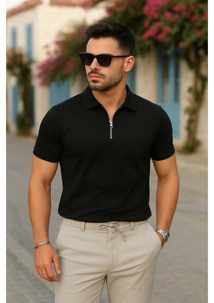 Erkek Kısa Kollu Yakalı Önden Fermuarlı Viskon Iki Iplik Bluz