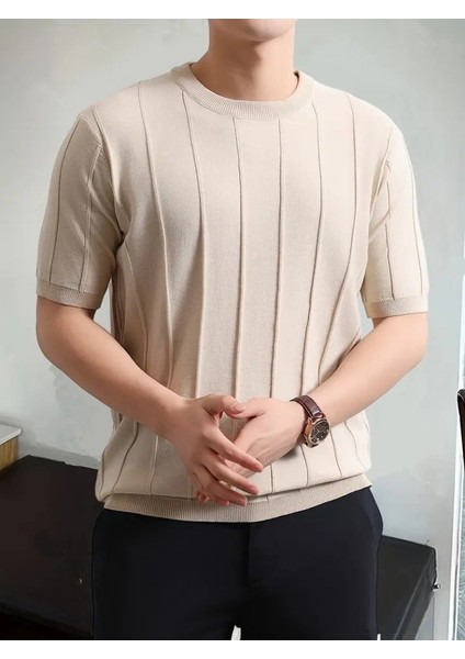 Erkek Kısa Kollu Bisiklet Yaka Çizgili Triko Bluz