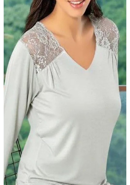 8609 Kadın Uzun Kollu Dantel Detaylı Pijama Takımı-Gri fırsatları