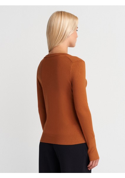 10427 V Yaka Kolu Yırtmaçlı Kazak-Karamel fiyatları