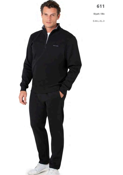 6116 Erkek Uzun Kollu Yakası Fermuarlı Eşofman Takımı-Siyah